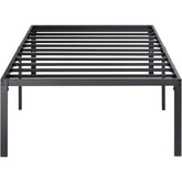 A sturdy metal bed frame featuring a sleek black finish, designed for modern bedroom aesthetics.